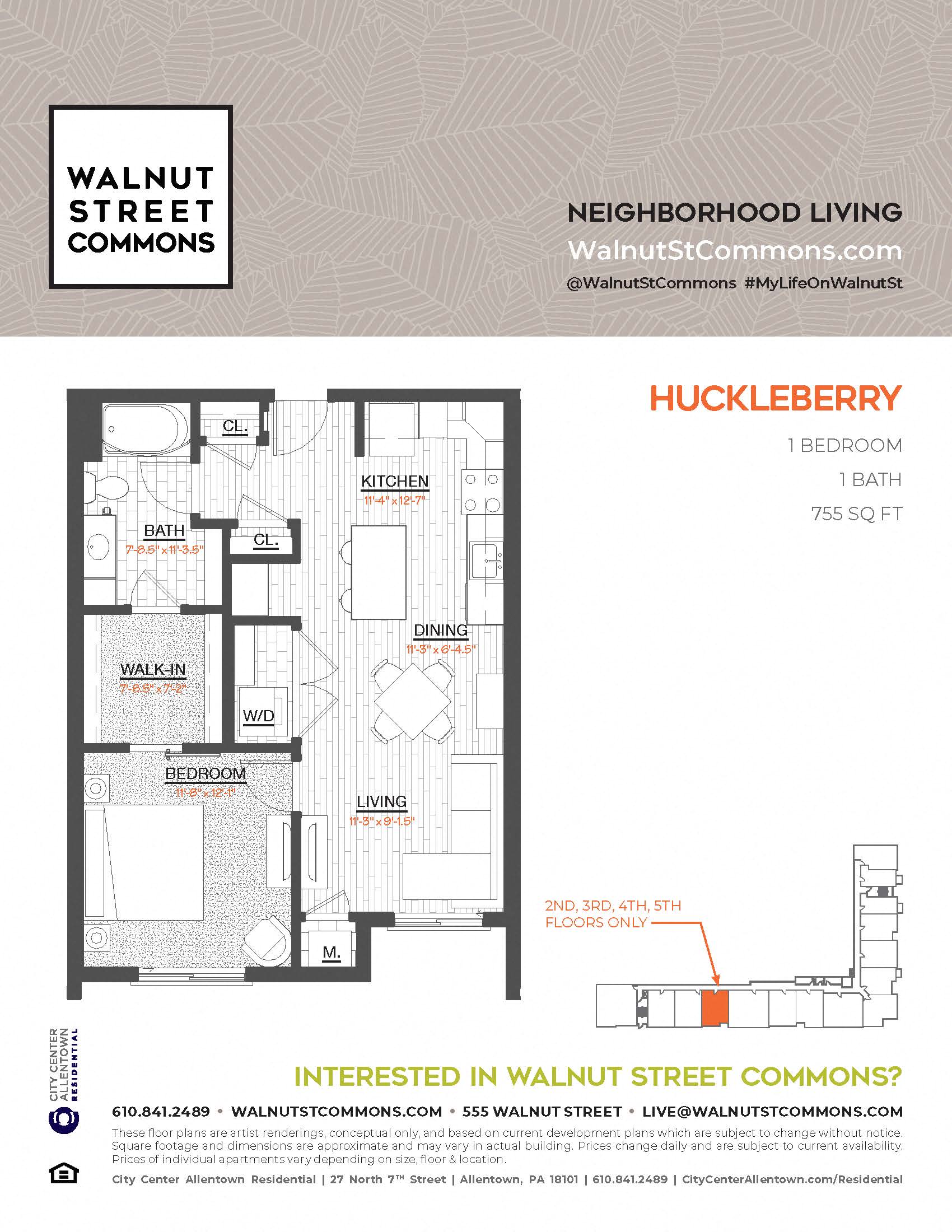 Floor plan for 1 bed, 1 bath, 755 sqft